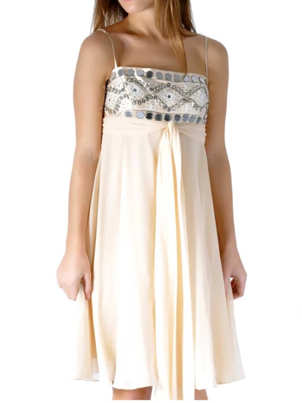 BCBG Maxazria Nude Cream Empire Waist Silk Sequin Spaghetti Strap Dress Size 2